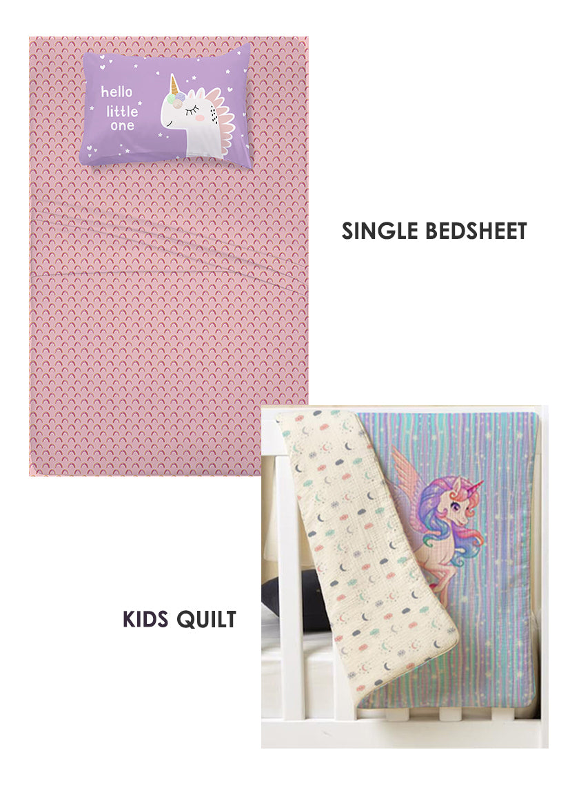 Unicorn Single Bedsheet + Single Quilt Combo