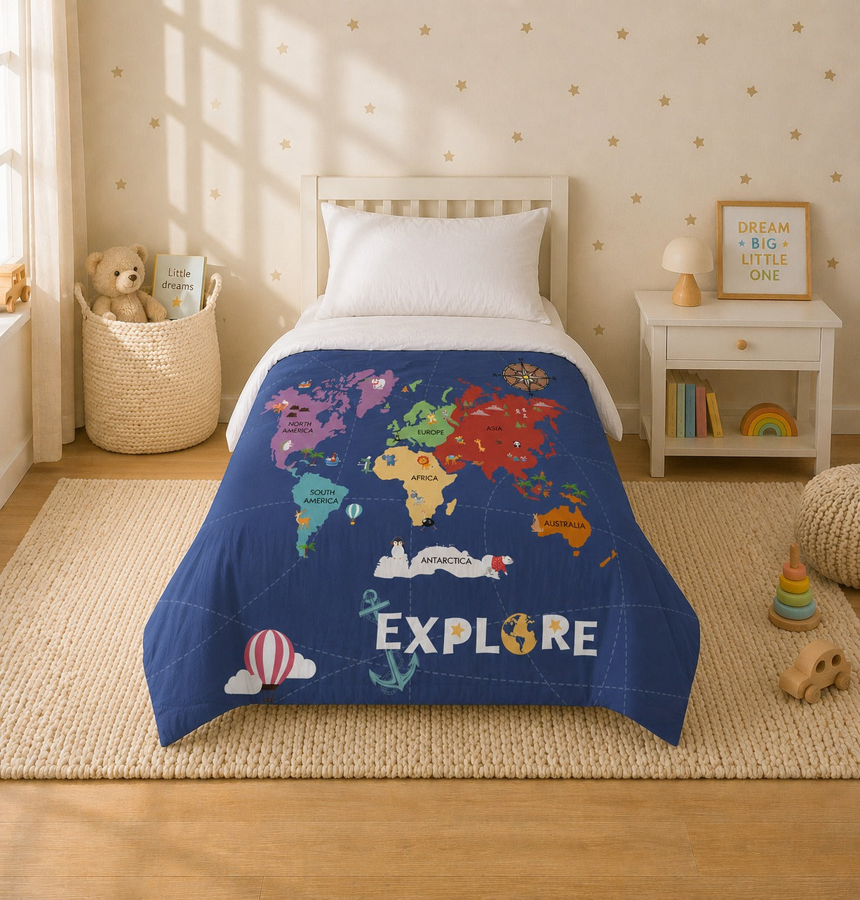 World Map Reversible Kids Single Quilt