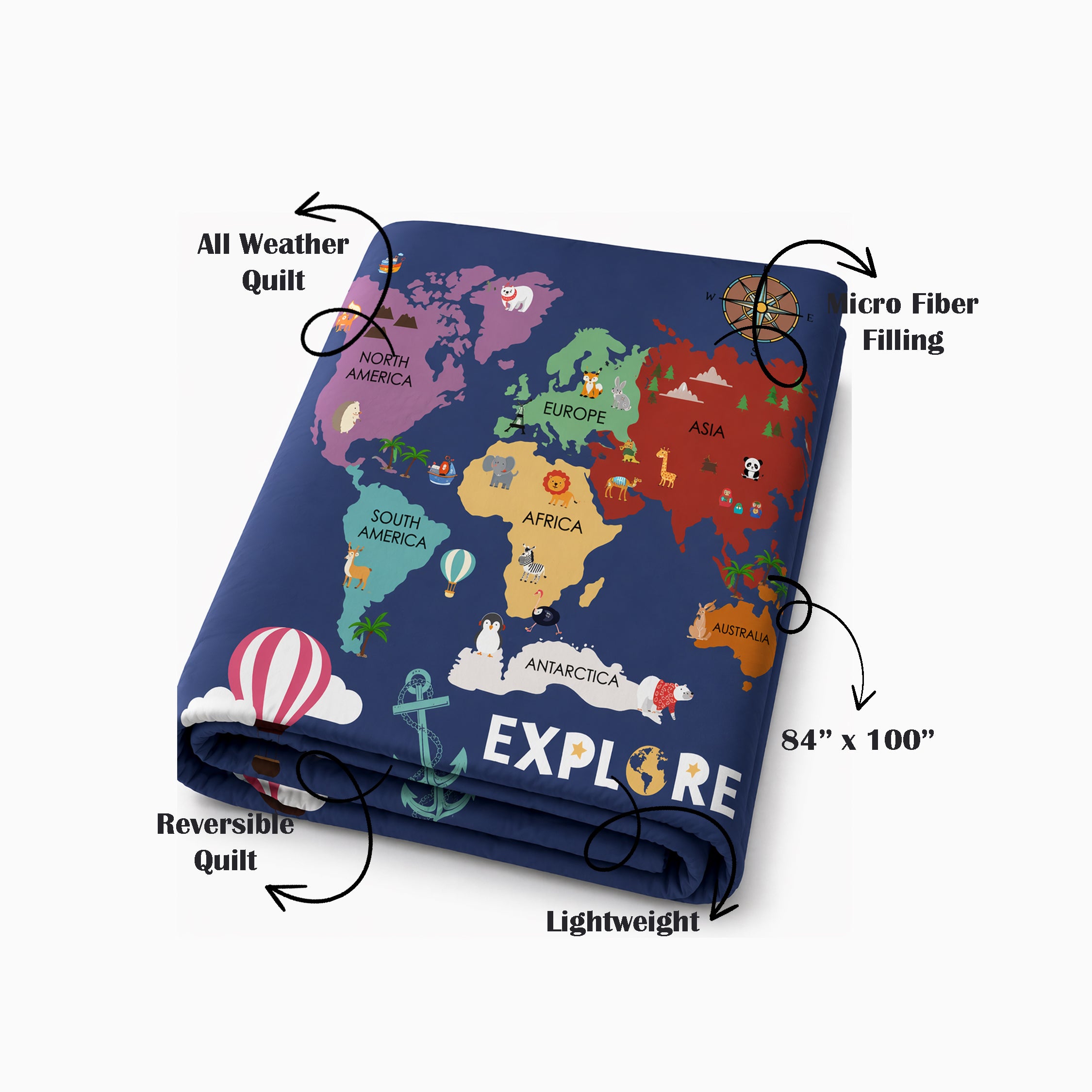 World Map Reversible Kids Double Quilt