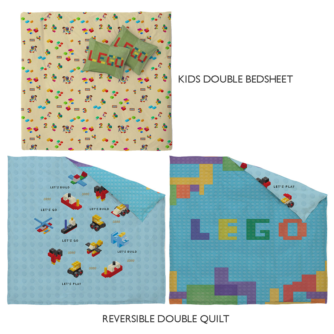 Lego Room Combo – King Size Bedsheet + Reversible Kids Double Quilt