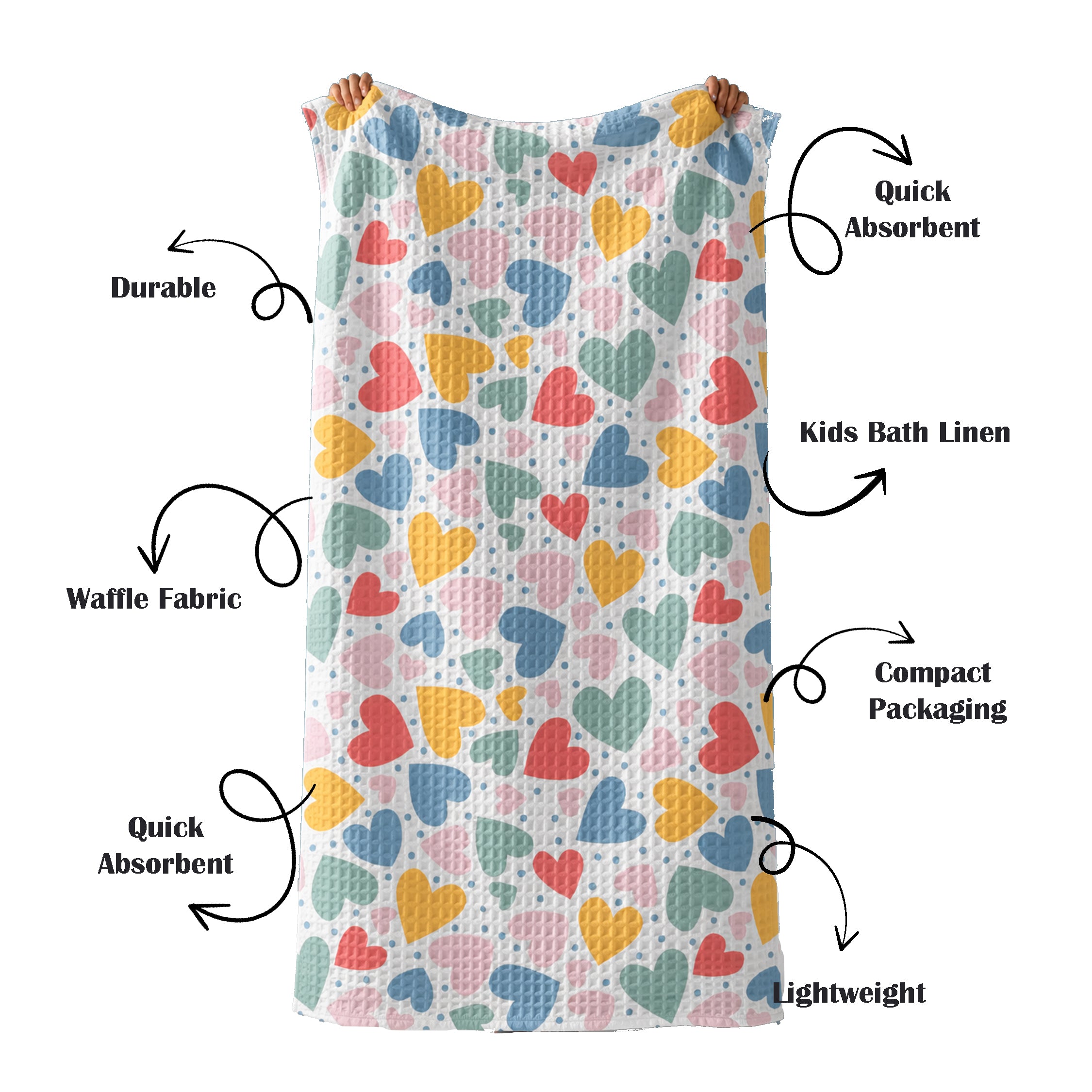 Colorful Hearts Waffle Bath Towel – 100% Cotton