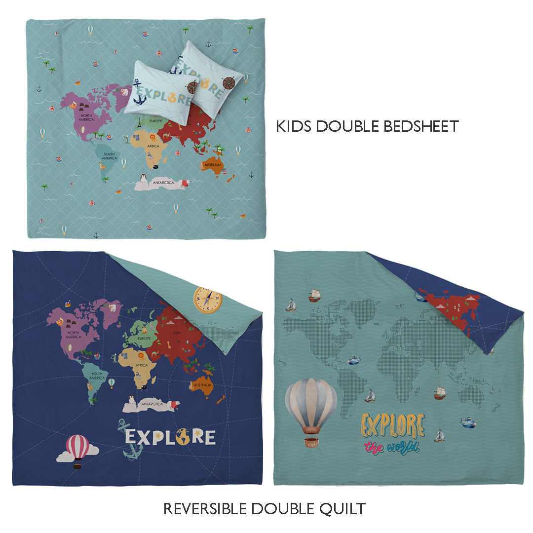 Exploring Map Room Combo – King Size Bedsheet + Reversible Kids Double Quilt
