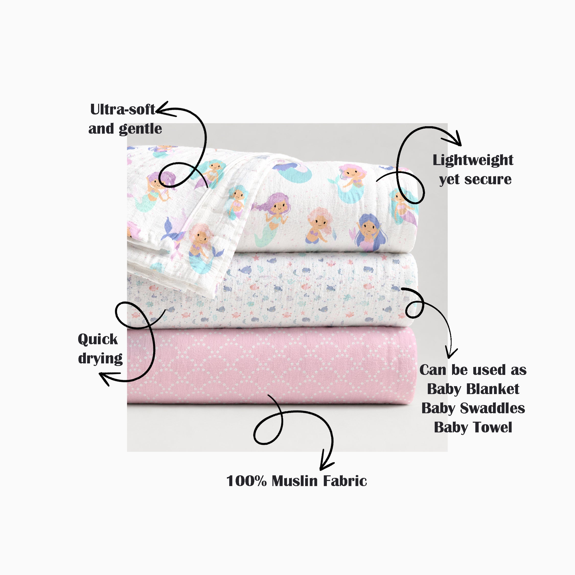 Mermaid Muslin Swaddle Set – Set of 3
