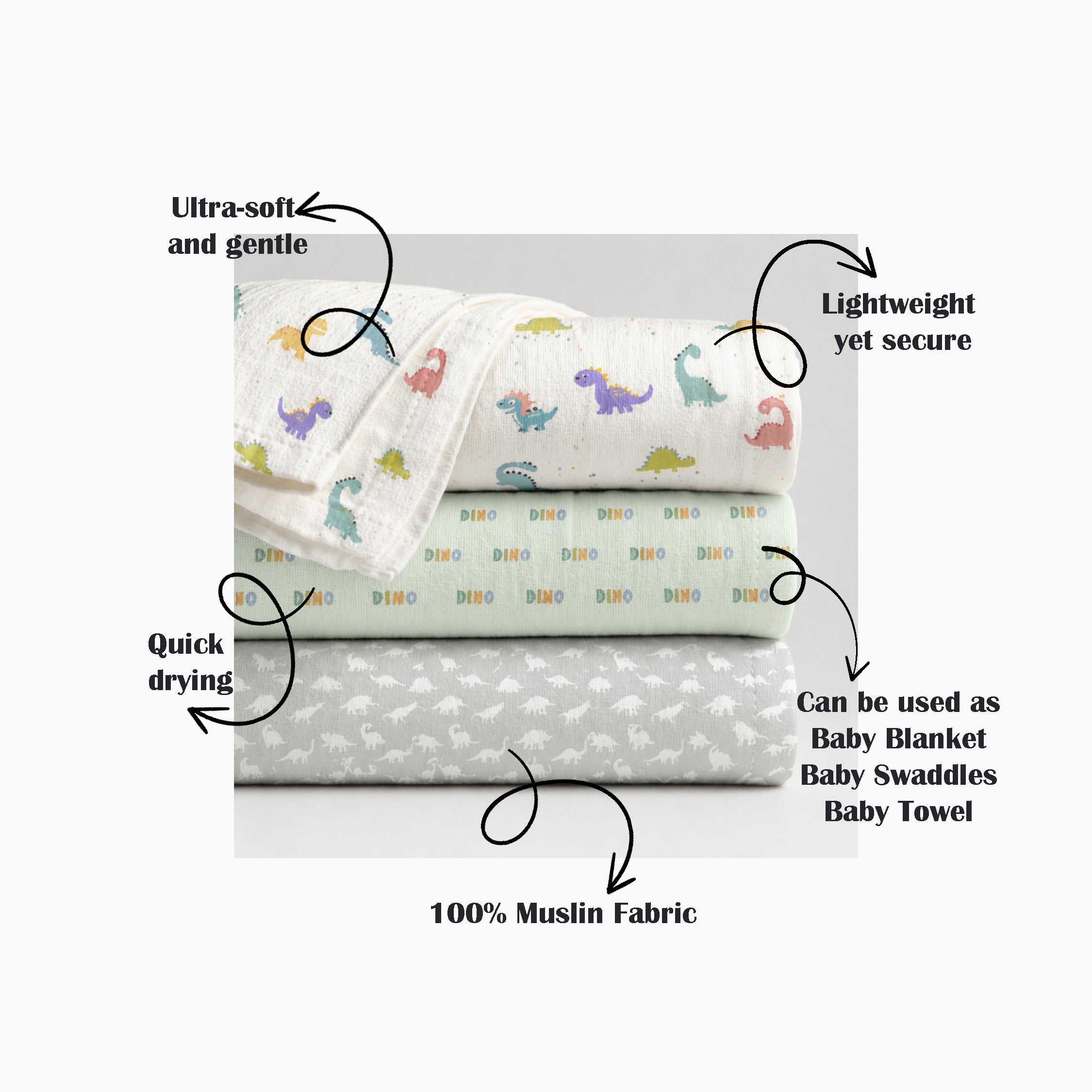 Dino Muslin Swaddle Set – Set of 3