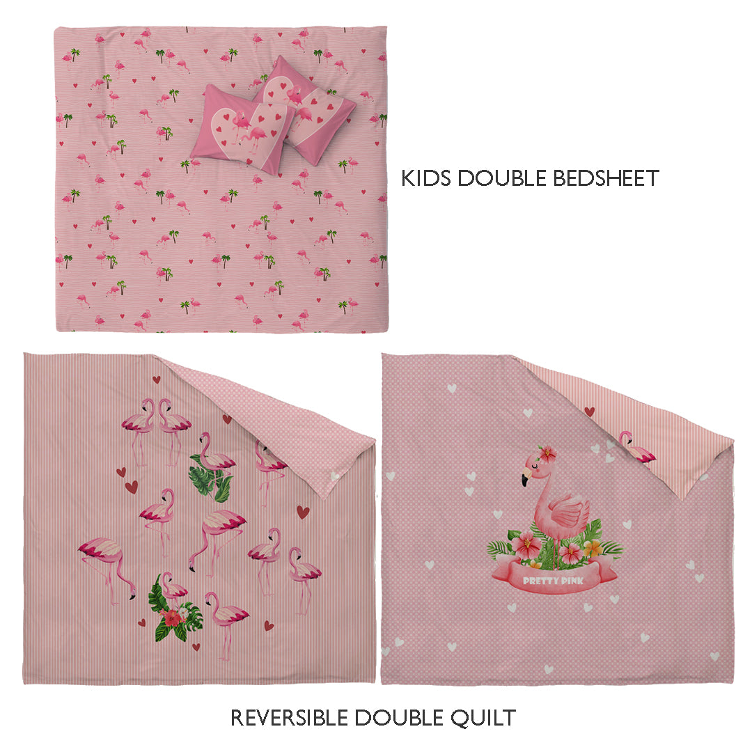 Flamingo Kids Room Combo – King Size Bedsheet + Reversible Kids Double Quilt