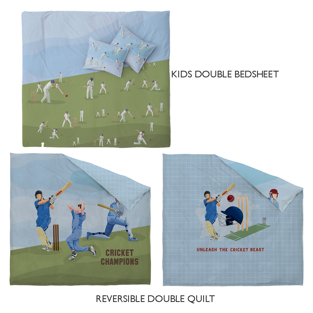 Cricket Champions Room Combo – King Size Bedsheet + Reversible Kids Double Quilt